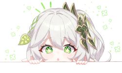 1girl :o commentary_request genshin_impact green_eyes green_hair hair_between_eyes hair_ornament leaf_hair_ornament long_hair looking_at_viewer moco_(moco_8854) multicolored_hair nahida_(genshin_impact) notice_lines peeking peeking_out pointy_ears simple_background solo streaked_hair symbol-shaped_pupils white_background white_hair