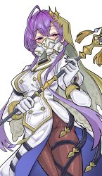 1girl absurdres black_pantyhose blush breasts character_request cowboy_shot dress highres holding holding_staff konomi_eisuke mask medium_breasts mouth_mask pantyhose pink_eyes purple_hair shadowverse shadowverse:_worlds_beyond simple_background solo staff veil white_background white_dress