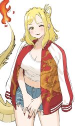 1girl absurdres blonde_hair blush braid breasts cleavage collarbone commentary_request cowboy_shot cutoffs denim denim_shorts dragon_tail dunchy fingernails fire green_eyes hair_rings highres jacket jacket_on_shoulders large_breasts long_fingernails long_hair looking_at_viewer love_live! love_live!_sunshine!! midriff navel ohara_mari one_eye_closed open_clothes open_jacket red_jacket shirt short_shorts shorts simple_background single_hair_ring smile solo standing stomach sukajan tail thighs translation_request white_background white_shirt