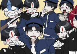 2boys black_hair black_jacket blade_to_throat blood blood_from_mouth blood_on_face blue_hat blue_jacket blush commentary_request eyeliner facial_mark forehead_mark furukawa_(yomawari) gloves hand_on_another&#039;s_shoulder hat highres holding holding_money injury jacket last_defense_academy_school_uniform makeup male_focus maruko_gaku money multicolored_hair multiple_boys nosebleed pointing red_eyeliner red_eyes red_hair school_uniform short_hair small_sweatdrop streaked_hair sumino_takumi the_hundred_line_-last_defense_academy- twitter_username very_short_hair white_gloves