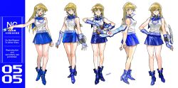 1girl 203wolves absurdres bare_shoulders blonde_hair blue_boots blue_gloves blue_skirt boots breasts card deck_of_cards duel_disk fingerless_gloves full_body gloves highres holding holding_card large_breasts long_hair miniskirt multiple_views simple_background skirt tenjouin_asuka trading_card vest white_background white_vest yu-gi-oh! yu-gi-oh!_gx