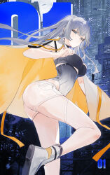 1girl absurdres black_choker boots breasts cape choker cityscape closed_mouth commentary flantia grey_eyes grey_hair hair_between_eyes highres large_breasts long_hair looking_at_viewer original shorts solo white_boots white_shorts yellow_cape