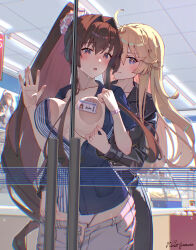 Rule 34 | 2girls, against glass, black jacket, black pants, blue eyes, blue shirt, breasts, brown hair, cherry blossoms, convenient censoring, employee uniform, flower, grey pants, hair between eyes, hair flower, hair intakes, hair ornament, highres, himeyamato, id card, indoors, iowa (kancolle), jacket, kantai collection, large breasts, lawson, leather, leather jacket, long hair, long sleeves, multiple girls, no bra, open mouth, panties, pants, pink panties, ponytail, red eyes, shirt, short sleeves, sidelocks, star-shaped pupils, star (symbol), store clerk, striped clothes, striped shirt, symbol-shaped pupils, underwear, very long hair, yamato (kancolle), yamato (lawson) (kancolle), yuri