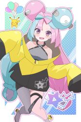Rule 34 | 1girl, absurdres, blue hair, blush, bow-shaped hair, breasts, character hair ornament, fang, fangs, grey pantyhose, hair ornament, hexagon print, highres, iono (pokemon), jacket, long hair, long sleeves, looking at viewer, low-tied long hair, multicolored hair, nintendo, odorukaminoke, open mouth, oversized clothes, pantyhose, pink eyes, pink hair, pokemon, pokemon sv, sharp teeth, single leg pantyhose, sleeves past fingers, sleeves past wrists, smile, solo, split-color hair, teeth, two-tone hair, very long sleeves, yellow jacket