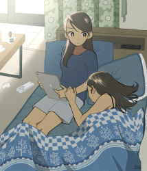 2girls absurdres artist_name blue_nails brown_eyes brown_hair hand_on_another&#039;s_arm hidden_face highres holding holding_tablet_pc indoors kojiro337 long_hair lying multiple_girls nail_polish on_bed original shirt shorts sitting slice_of_life t-shirt tablet_pc under_covers yuri