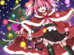 1girl :d belt belt_buckle black_belt black_choker black_skirt bow bowtie box buckle capelet character_doll choker christmas christmas_tree collarbone colored_tips dress_shirt fur-trimmed_capelet fur-trimmed_sleeves fur_trim gift gift_box green_eyes hiiragi_nana layered_skirt long_hair long_sleeves looking_at_viewer miniskirt multicolored_hair munou_na_nana open_mouth pink_hair plaid_capelet plaid_clothes red_bow red_bowtie red_capelet shirt sketch skirt smile solo twintails two-tone_hair waist_cape white_hair white_shirt yukisa