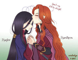 2017 2boys androgynous artist_name black_hair brothers character_name closed_eyes closed_mouth collar dated elf english_text eyebrows eyebrows_hidden_by_hair eyelashes eyes_visible_through_hair high_collar holding_hands kiss kissing_forehead long_hair maedhros maglor male_focus multiple_boys pointy_ears prince profile red_hair siblings talking the_silmarillion tolkien&#039;s_legendarium windrelyn