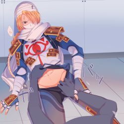 1boy 1other armor blonde_hair braid clothes_pull fingerless_gloves genderswap genderswap_(ftm) gloves groin hair_over_one_eye mask miri_(cherryjelly) mouth_mask nintendo on_ground pants pants_pull scarf sheik shoulder_armor single_braid the_legend_of_zelda the_legend_of_zelda:_ocarina_of_time turban white_scarf