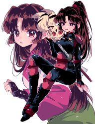 Rule 34 | 1girl, animal, animal on shoulder, armor, black bodysuit, black boots, black eyes, black gloves, black hair, bodysuit, boots, breasts, bridal gauntlets, cat, colored sclera, commentary, curtained hair, elbow pads, eyeshadow, fingerless gloves, full body, gloves, green skirt, hand on animal, hand up, high ponytail, highres, inuyasha, japanese clothes, katana, kimono, kirara (inuyasha), leaning forward, long hair, looking at viewer, looking to the side, makeup, mandarin collar, medium breasts, multiple tails, multiple views, nekomata, ninja, open mouth, parted lips, pink eyeshadow, pink kimono, ponytail, red eyes, red sash, red sclera, rumic 0620, sango (inuyasha), sash, shanghai neckline, sheath, shoulder armor, simple background, sitting, skirt, smile, standing, sword, tail, tight clothes, two tails, upper body, weapon, white background