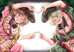 2girls absurdres apron black_headwear brown_hair commentary_request cowboy_shot dress emphasis_lines frilled_apron frilled_sleeves frills fusion_dance green_dress green_eyes green_hair green_nails hat highres long_hair mahoro_(minase_mahoro) multiple_girls nail_polish nishida_satono open_mouth pink_dress pink_nails puffy_short_sleeves puffy_sleeves purple_eyes short_sleeves tate_eboshi teeth teireida_mai touhou upper_teeth_only v-shaped_eyebrows waist_apron