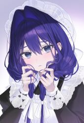 Rule 34 | 1girl, apron, artist name, black dress, blue eyes, blue hair, braid, closed mouth, commentary, dress, frilled apron, frilled hat, frills, hair between eyes, hair over shoulder, hat, highres, holding, holding own hair, hololive, hololive english, idasu (hyun9164), light blush, long hair, long sleeves, maid, official alternate costume, official alternate hairstyle, ouro kronii, ouro kronii (maid), portrait, ribbon, simple background, solo, twin braids, twintails, victorian maid, virtual youtuber, white apron, white background, white hat, white ribbon
