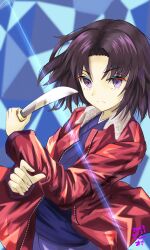 Rule 34 | 1girl, absurdres, blue kimono, closed mouth, commentary request, dated, highres, holding, holding knife, holding weapon, jacket, japanese clothes, kara no kyoukai, kimono, knife, leather, leather jacket, long sleeves, looking at viewer, purple eyes, purple hair, red jacket, ryougi shiki, short hair, solo, tsukaasa, weapon