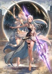 2girls ancient_greek_clothes bare_shoulders barefoot breasts dress final_fantasy final_fantasy_xiv greco-roman_clothes grey_hair highres himation holding holding_polearm holding_weapon hyur long_hair multiple_girls polearm purple_eyes shukei single_sleeve sleeveless thigh_strap warrior_of_light_(ff14) weapon white_dress