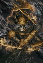 1other armor axe black_gloves cape chainmail clenched_teeth covered_eyes death_knight_(elden_ring) dual_wielding elden_ring elden_ring:_shadow_of_the_erdtree electricity electrokinesis gauntlets gloves gold grey_hair halo helmet helmet_over_eyes highres holding holding_axe holding_weapon lightning skeleton skull solo teeth undead upper_body weapon yujia0412
