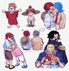 Rule 34 | ..., 4boys, absurdres, anger vein, black hair, blonde hair, blue hair, brown shirt, buggy the clown, closed mouth, clown nose, epaulettes, facial hair, goatee, gol d. roger, grin, handlebar mustache, hat, hat on back, highres, hug, male focus, multiple boys, multiple views, musical note, mustache, one piece, orange hat, outstretched arms, oversized clothes, pink shirt, poking, red hair, red shirt, sandals, shanks (one piece), shirt, short hair, silvers rayleigh, simple background, sitting, smile, spoken ellipsis, spread arms, straw hat, vamos mk, white background, white shirt, yaoi