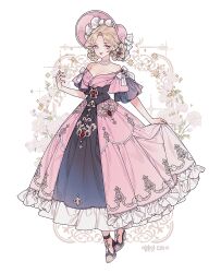 1girl bare_shoulders blonde_hair breasts cleavage dress flower full_body hat jewelry lemon89h looking_at_viewer necklace off-shoulder_dress off_shoulder original pearl_necklace pink_dress purple_eyes rococo_movement rose short_hair skirt_hold smile solo standing