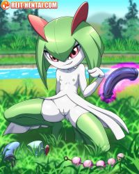 1girl anal_beads butt_plug cleft_of_venus creatures_(company) day dildo flat_chest full_body furry game_freak gen_3_pokemon grass green_hair green_thighhighs highres kirlia looking_at_viewer nintendo nipples nude outdoors pokemon pokemon_(creature) pussy pussy_juice red_eyes reit river sex_toy short_hair smile solo squatting thighhighs uncensored water
