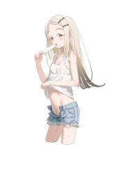 1girl arisu_syndrome armpit_crease bare_arms bare_shoulders blonde_hair blue_shorts clothes_lift colored_eyelashes cropped_legs cutoffs denim denim_shorts flat_chest food forehead gakuen_idolmaster gradient_hair groin hair_ornament hairclip hands_up highres holding holding_food holding_popsicle idolmaster licking lifting_own_clothes light_blush long_hair looking_at_viewer melting_popsicle multicolored_hair navel nipples no_panties open_fly open_mouth orange_eyes parted_bangs popsicle presenting presenting_stomach see-through_clothes see-through_tank_top shinosawa_hiro shirt_lift short_shorts shorts sidelocks simple_background solo standing stomach sweat tank_top tongue tongue_out variant_set wet wet_clothes white_background white_tank_top