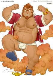 1boy abs artist_name bara beard bracelet character_name commentary copyright_name english_commentary facial_hair flexing flip-flops genie grin highres jewelry jinn_(housamo) lamp looking_at_viewer male_focus male_underwear maximelchiore muscular muscular_male navel nipples pectorals red_hair sandals smile smoke sparse_arm_hair sparse_chest_hair sparse_leg_hair tokyo_houkago_summoners underwear white_background white_male_underwear