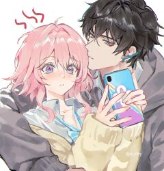 1boy 1girl alternate_costume black_hair blue_eyes cellphone dan_heng_(honkai:_star_rail) grey_jacket grey_shirt hair_intakes highres holding holding_phone honkai:_star_rail honkai_(series) jacket looking_at_viewer march_7th_(honkai:_star_rail) phone pink_hair purple_eyes rity shirt short_hair simple_background smartphone white_background