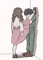 1boy 1girl absurdres arms_at_sides artist_name black_hair brown_footwear brown_hair commentary covering_face fear_&amp;_hunger_(series) fear_&amp;_hunger_2:_termina foot_kabedon green_jumpsuit hetero highres jumpsuit kabedon levi_(fear_&amp;_hunger) locker_foot_kabedon_(meme) long_hair marina_(fear_&amp;_hunger) mary_janes meme pink_skirt sakimitsloe shadow shirt shirt_tucked_in shoes short_hair short_sleeves skirt socks standing white_shirt white_socks