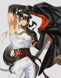 Rule 34 | 1boy, arknights, armpits, arms up, chongyue (arknights), coat, covered pectorals, cowboy shot, curtained hair, daziran de duqiyan, dragon tail, highres, holding, holding coat, holding unworn clothes, horns, large pectorals, looking at viewer, male focus, muscular, muscular male, pants, parted lips, pectorals, red eyes, solo, tail, unworn coat, white background, white hair, white pants