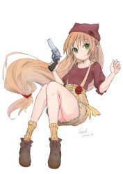 1girl animal_ear_headwear breasts brown_hair fake_animal_ears green_eyes gun highres holding holding_gun holding_weapon irina_bondarchuk iris_mysteria! long_hair looking_at_viewer pointy_ears ribbon small_breasts thighs umeshouga very_long_hair weapon white_background yellow_ribbon