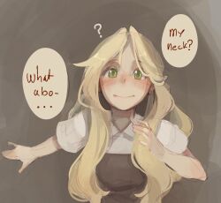 1girl aftersex apron blonde_hair blush brown_apron commentary cum cum_on_body cum_on_neck dress english_commentary english_text facing_viewer freckles green_eyes highres long_hair open_mouth original short_sleeves solo speech_bubble standing sushoartworks white_dress