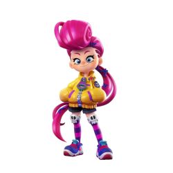1girl 3d berecca_(ninjala) coat long_hair ninjala nintendo official_art pink_hair pompadour shorts striped_clothes striped_thighhighs thighhighs