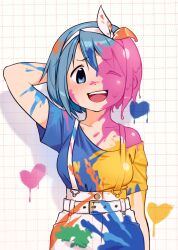 1girl :d arm_at_side arms_behind_head belt belt_buckle blue_eyes blue_hair blue_shirt blush bob_cut bow breasts buckle casual commentary cowboy_shot english_commentary gloamy grid_background hair_between_eyes hair_bow hair_ribbon hairband heart highres mahou_shoujo_madoka_magica mahou_shoujo_madoka_magica_(anime) medium_breasts messy miki_sayaka off-shoulder_shirt off_shoulder one_eye_closed open_mouth paint_in_hair paint_on_body paint_on_clothes paint_splatter paint_splatter_on_face pants raised_eyebrows ribbon shirt short_hair short_sleeves single_bare_shoulder smile solo standing suspenders teeth upper_teeth_only white_background white_belt white_bow white_hairband white_pants white_ribbon