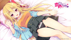 1girl ahoge bed_sheet black_panties black_skirt blonde_hair blouse blue_shirt blush bow bow_panties breasts buttons commentary copyright_name copyright_notice crotch_seam double-breasted dutch_angle english_commentary eyes_visible_through_hair frilled_skirt frills fuyuichi_monme gluteal_fold hair_between_eyes hair_bow hand_up head_on_pillow indoors long_hair looking_at_viewer lying medium_breasts off_shoulder official_art on_back on_bed open_clothes open_mouth open_shirt panties pillow red_bow red_eyes ren&#039;ai_karichaimashita second-party_source segawa_emi shirt skirt small_sweatdrop smile solo strapless thighs underwear