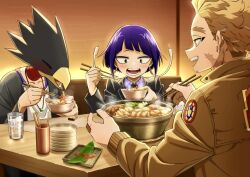 1girl 2boys animal_head audio_jack beak beard_stubble black_jacket blonde_hair blush boku_no_hero_academia booth_seating bowl brown_jacket chopsticks closed_eyes collared_shirt cup drinking_glass earrings facial_hair facial_mark facial_scar grey_eyes hawks_(boku_no_hero_academia) highres hmm_1228 holding holding_bowl holding_chopsticks hotpot jacket jewelry jirou_kyouka multiple_boys necklace plaid_clothes plaid_shirt plate plate_stack purple_hair purple_shirt scar scar_on_cheek scar_on_face scar_on_neck shirt sitting smile sparse_stubble stubble tokoyami_fumikage white_shirt yellow_eyes