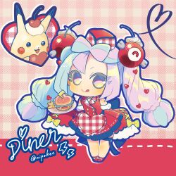 :p alternate_costume apron bare_shoulders blue_hair bow bow-shaped_hair character_hair_ornament cherry_hair_ornament chibi chibi_only detached_sleeves dress eyelashes food-themed_hair_ornament full_body gen_1_pokemon hair_ornament heart_apron highres iono_(pokemon) looking_at_viewer mipokec multicolored_hair nintendo pikachu pink_eyes pink_hair pokemon pokemon_(creature) pokemon_sv red_dress thigh_strap tongue tongue_out twintails twitter_username two-tone_hair yellow_bow