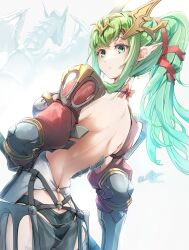 1girl absurdres alternate_costume armor ass back backless_outfit black_panties breasts butt_crack clear_glass_(mildmild1311) closed_mouth dragon dress fire_emblem fire_emblem_awakening from_behind green_eyes green_hair hair_ornament hairband highres long_hair looking_at_viewer looking_back medium_breasts nintendo panties pelvic_curtain pointy_ears ponytail ribbon see-through_clothes shoulder_armor solo tiara tiki_(adult)_(fire_emblem) tiki_(fire_emblem) underwear upper_body wyvern