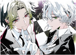 2boys black_hair black_necktie black_suit border checkered_floor collared_shirt curtained_hair formal_clothes gloves green_eyes green_hair grey_hair heterochromia inami_rai jacket looking_at_viewer male_focus multiple_boys murakumo_kagetsu necktie nijisanji purple_eyes red_eyes shirt smile sparkle suit suit_jacket suou_(sdurorhr) upper_body virtual_youtuber wavy_hair white_border white_gloves white_shirt