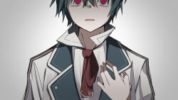 1boy aqua_hair blue_vest ex_(grimms_notes) grimms_notes highres iumi_urura long_sleeves looking_at_viewer male_focus neckerchief red_eyes red_neckerchief shirt short_hair solo upper_body vest white_shirt