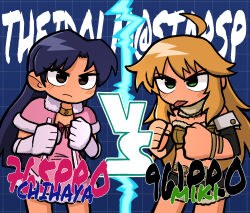 Rule 34 | 2girls, ahoge, beyond the wishes (idolmaster), blonde hair, blue background, blue hair, breasts, brown eyes, cape, cartoonized, character name, choker, clenched hands, closed mouth, collarbone, cowboy shot, cute &amp; girly (idolmaster), detached sleeves, dress, elbow gloves, english text, fis (t83192933), flat chest, fluffy hair, forehead, fur-trimmed tube top, fur collar, fur trim, gloves, green eyes, grid background, highres, hoshii miki, idolmaster, idolmaster (classic), idolmaster 1, idolmaster sp, kisaragi chihaya, light blush, long hair, multiple girls, official alternate costume, parted bangs, pink cape, pink dress, sidelocks, small breasts, snow strawberry (idolmaster), strapless, tongue, tongue out, toon (style), tube top, v-shaped eyebrows, vs, wavy hair, white gloves, yellow choker, yellow tube top