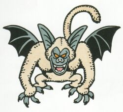 bat_wings black_nails blue_skin colored_skin creature creature_focus dragon_quest dragon_quest_ii highres large_ears looking_at_viewer no_humans no_pupils official_art open_mouth red_eyes scan silvapithecus tail third-party_source toriyama_akira white_background white_fur wings