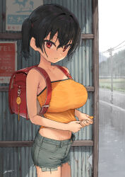 1girl backpack bag black_hair blush breasts camisole collarbone commentary_request crime_prevention_buzzer crossed_bangs cutoffs dated denim denim_shorts exposed_pocket gaki_kyonyuu grey_shorts hair_between_eyes highres kaedeko_(kaedelic) large_breasts looking_at_viewer midriff navel oppai_loli outdoors rain randoseru red_bag red_eyes road sasaki_kanna short_hair short_shorts short_twintails shorts signature solo standing street torn_clothes torn_shorts twintails wet wet_clothes wet_hair yellow_camisole