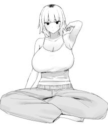 1girl :| arm_up armpits bare_arms bare_shoulders blush breasts camisole cleavage closed_mouth full_body greyscale highres indian_style large_breasts looking_at_viewer midriff_peek mole mole_under_eye monochrome multicolored_hair original pants roots_(hair) short_hair simple_background sitting solo spaghetti_strap toome white_background
