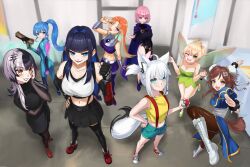 Rule 34 | 6+girls, ;d, animal ears, ass, black dress, black gloves, black hair, black leotard, black lips, black skirt, black thighhighs, blonde hair, blue bodysuit, blue dress, blue eyes, blue hair, blue shorts, bodysuit, boots, bracelet, braid, breasts, brown eyes, brown hair, brown pantyhose, bun cover, cahryos, capcom, china dress, chinese clothes, chun-li, cleavage, clenched hand, cloak, closed mouth, colored inner hair, commentary, commission, cosplay, crop top, dc comics, denim, denim shorts, dog girl, dog tail, double bun, dress, fairy wings, final fantasy, final fantasy vii, fox ears, fox girl, fox tail, gloves, green dress, green eyes, grey hair, gun, hair bun, hand on own face, hand up, highleg, highleg leotard, highres, holding, holding gun, holding poke ball, holding weapon, hololive, hololive english, hoshimachi suisei, hotel transylvania, indoors, inugami korone, jewelry, large breasts, leotard, long hair, looking at viewer, low twin braids, mavis dracula, mavis dracula (cosplay), medium breasts, metroid, misty (pokemon), misty (pokemon) (cosplay), momosuzu nene, mori calliope, multicolored hair, multiple girls, navel, nintendo, one eye closed, one side up, open mouth, orange hair, ouro kronii, pantyhose, pink eyes, pink hair, poke ball, pokemon, pokemon (anime), pokemon (classic anime), ponytail, purple boots, purple cloak, purple skirt, raven (dc) (cosplay), red boots, red shoes, samus aran, samus aran (cosplay), shiori novella, shirakami fubuki, shoes, short dress, shorts, skirt, smile, sneakers, spiked bracelet, spikes, split-color hair, standing, standing on one leg, starfire, starfire (cosplay), street fighter, striped clothes, striped pantyhose, suspender shorts, suspender skirt, suspenders, tail, takanashi kiara, tank top, thighhighs, tifa lockhart, tifa lockhart (cosplay), tinker bell (disney), tinker bell (disney) (cosplay), twin braids, two-tone hair, v, vambraces, virtual youtuber, walt disney&#039;s peter pan, weapon, white tank top, wings, yellow eyes, yellow tank top, zero suit