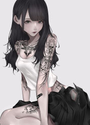 Rule 34 | 1girl, absurdres, arm tattoo, bare shoulders, black bandaid, black hair, black panties, black skirt, breasts, camisole, chain, chain necklace, chest tattoo, cleavage, closed mouth, commentary request, feet out of frame, grey background, grey eyes, highres, jewelry, leg tattoo, lipstick, long hair, looking at viewer, makeup, mano aaa, medium breasts, midriff peek, miniskirt, necklace, original, panties, pleated skirt, red lips, shoulder tattoo, simple background, single sidelock, sitting, skirt, solo, stomach tattoo, tattoo, underwear, unzipped, white camisole, zipper skirt