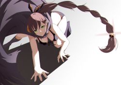 1girl all_fours bikini bikini_top_only black_bikini black_shorts boots braid breasts brown_hair cape cleavage closed_mouth front-tie_bikini_top front-tie_top green_eyes hair_ribbon hanging_breasts high_ponytail highres large_breasts long_hair looking_at_viewer ponytail re:zero_kara_hajimeru_isekai_seikatsu ribbon shaula_(re:zero) short_shorts shorts smile solo swimsuit very_long_hair wakagon0727