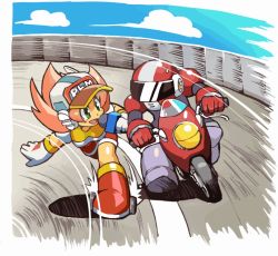1boy 1girl android baseball_cap boots breasts commentary_request coramune dress english_text engrish_text gloves green_eyes hat headphones headset helmet holding holding_microphone joints long_hair mega_man:_battle_&amp;_chase mega_man_(classic) mega_man_(series) mega_man_10 microphone motor_vehicle motorcycle motorcycle_helmet multicolored_dress nitro_man on_motorcycle open_mouth orange_hair plum_(mega_man) radio ranguage red_dress red_footwear road robot robot_joints short_sleeves small_breasts wheel white_gloves white_headwear yellow_dress
