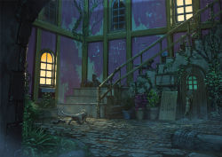 arch aruken baby_animal cat commentary_request door grass ivy kitten night no_humans original outdoors plant pot potted_plant railing ruins scenery stairs window