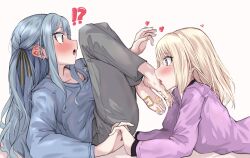 !? 2girls absurdres bang_dream! bang_dream!_it&#039;s_mygo!!!!! black_ribbon blonde_hair blue_hair blue_shirt blush commentary_request extreme_yuri_buta grey_pants hair_ribbon heart highres holding_hands interlocked_fingers licking licking_foot long_hair medium_hair misumi_uika multiple_girls open_mouth pants purple_eyes purple_shirt ribbon shirt sidelocks togawa_sakiko white_background yellow_eyes yuri