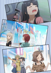 6+girls absurdres awa_subaru black_hair blue_shorts blue_skirt brown_shirt cellphone commentary drooling ebizuka_tomo english_commentary girls_band_cry glico glico_man grey_eyes grey_hair hair_between_eyes highres holding holding_phone iseri_nina kawaragi_momoka long_hair long_hair_between_eyes low_twintails mouth_drool multicolored_hair multiple_girls off-shoulder_shirt off_shoulder osaka_(city) parted_bangs phone pink_shirt plaid_clothes plaid_shirt real_world_location red_hair roots_(hair) rupa_(girls_band_cry) selfie shirt short_hair short_twintails shorts shrugging sidelocks skirt sleeping smartphone summer_left togenashi_togeari twintails