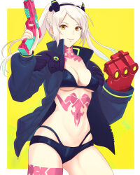 1girl absurdres alternate_costume bikini black_bikini black_jacket border breasts cleavage closed_mouth cosplay cyberpunk_(series) cyberpunk_edgerunners female_robin_(fire_emblem) fire_emblem fire_emblem_awakening gluteal_fold highres holding holding_water_gun jacket long_hair looking_at_viewer mechanical_hands medium_breasts navel nintendo open_clothes open_jacket outside_border rebecca_(cyberpunk) rebecca_(cyberpunk)_(cosplay) simple_background smile solo standing stomach swimsuit thighs truejekart twintails underboob water_gun white_border white_hair yellow_background yellow_eyes
