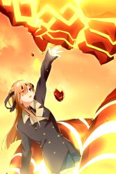 Rule 34 | 1girl, arm up, black jacket, blue eyes, breasts, brown hair, collared shirt, echo (circa), eyepatch, fate/grand order, fate (series), giant, hair over one eye, heterochromia, jacket, long hair, long sleeves, mystic eyes, neck ribbon, open mouth, ophelia phamrsolone, orange eyes, orange sky, outdoors, ribbon, shirt, sky, small breasts, smile, surtr (fate), twilight, unworn eyepatch, white shirt