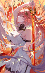 1girl arm_up bare_shoulders black_collar body_markings braid breasts changli_(wuthering_waves) cleavage closed_eyes collar colored_extremities commentary cowboy_shot dress english_commentary feather_hair fingernails from_side hair_extensions hair_ornament half-closed_eyes highres holding holding_sword holding_weapon large_breasts long_hair looking_ahead multicolored_hair no_jacket parted_lips pink_hair red_hands ring_hair_extensions ruoruoqiu solo sword tacet_mark_(wuthering_waves) twin_braids two-tone_hair very_long_hair weapon white_dress white_hair wuthering_waves yellow_eyes